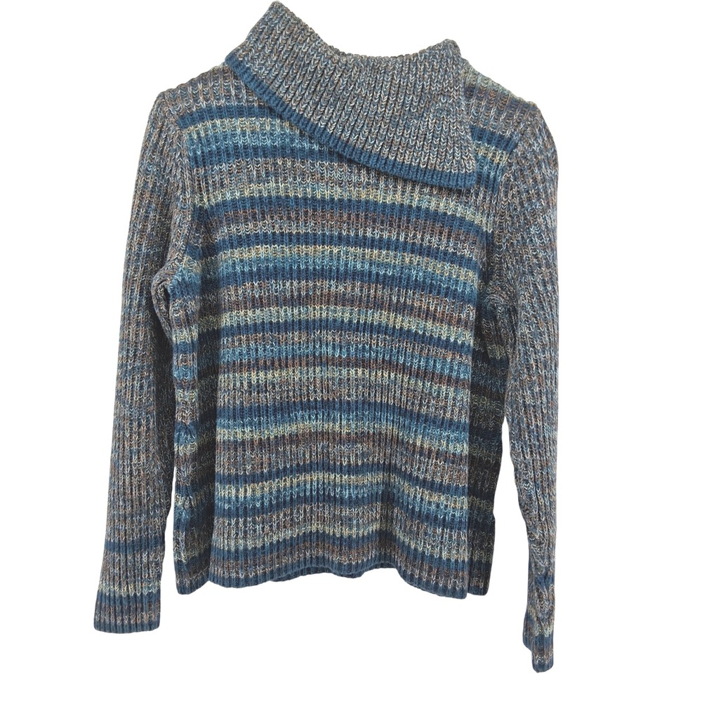 Vtg Villager Liz‎ Claiborne Woman 1X Blue Brown Stripe Ribbed Cotton Sweater Y2K